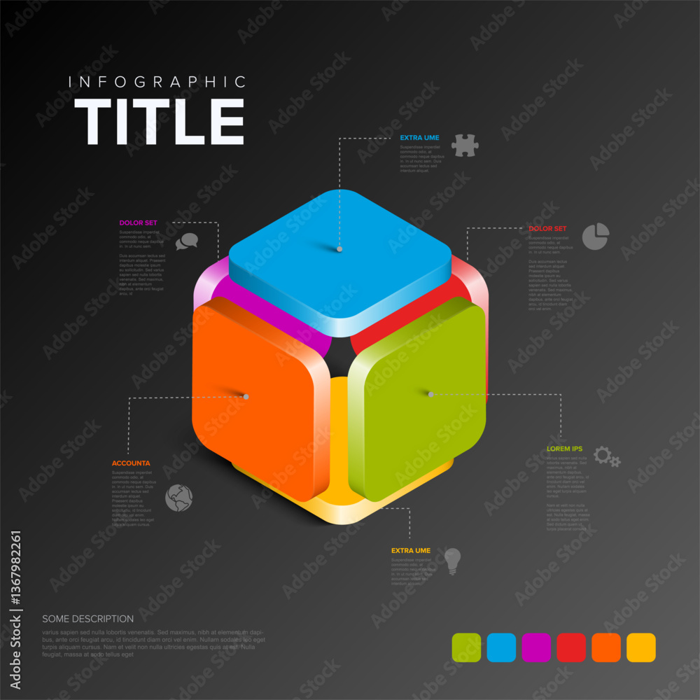 Poster a 3d colorful dark infographic cube with segmented blue, orange, green, and red sections. it include