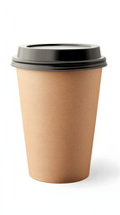 Realistic eco-friendly brown paper coffee cup with dark gray lid on clean white background providing ample copy space for text or ing purposes