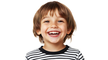 Smiling young boy in striped shirt looking happy, isolated on transparent background
