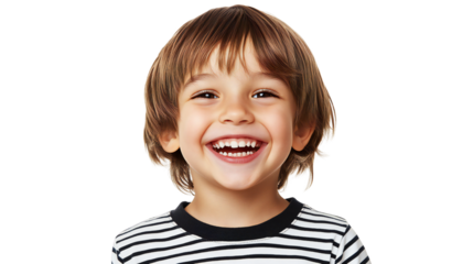 Smiling young boy in striped shirt looking happy, isolated on transparent background