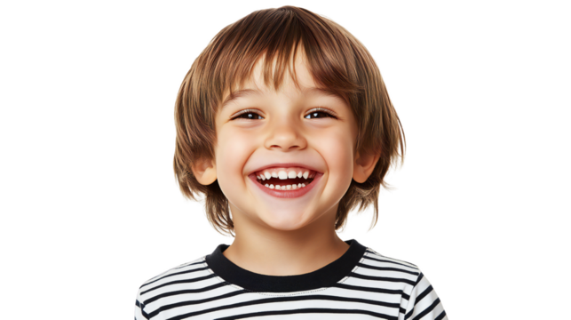 Smiling young boy in striped shirt looking happy, isolated on transparent background