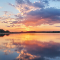 golden hour sky over a calm lake, reflecting the warm orange and pink hues