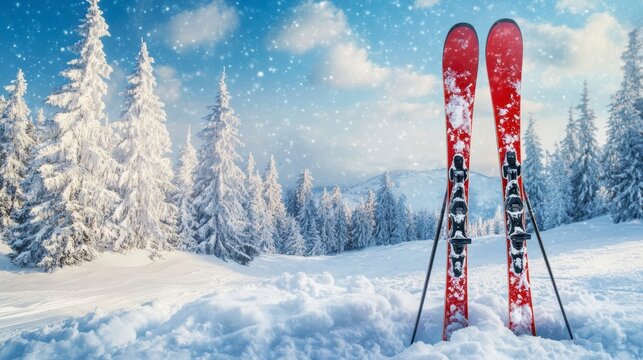Red skis stand in snowy mountain landscape with evergreen trees under a bright winter sky.