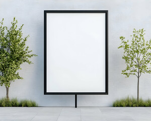 Blank vertical billboard mockup on light wall with small trees