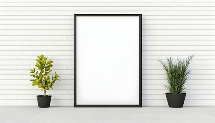 Blank vertical frame mockup against white brick wall with potted plants