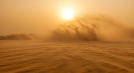 砂嵐夕日輝く砂漠 黄金色に染まる大地