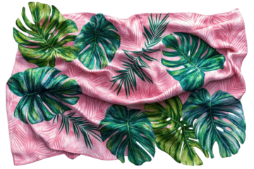 Lush tropical leaves on a soft pink fabric, evoking a tranquil summer escape with vibrant greens and a delicate blush pink background.