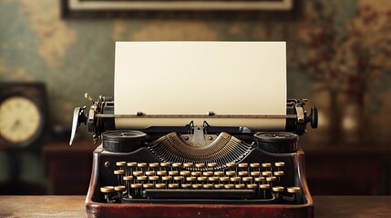 Vintage typewriter with blank paper on wooden desk in retro interior with clock and map in background