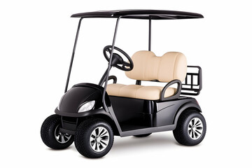 Black golf cart with beige seats, isolated on white background