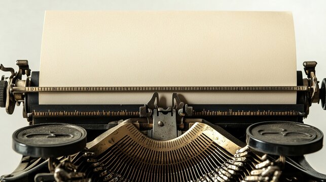 Retro vintage typewriter with blank paper sheet, close-up of antique mechanical writing device front view