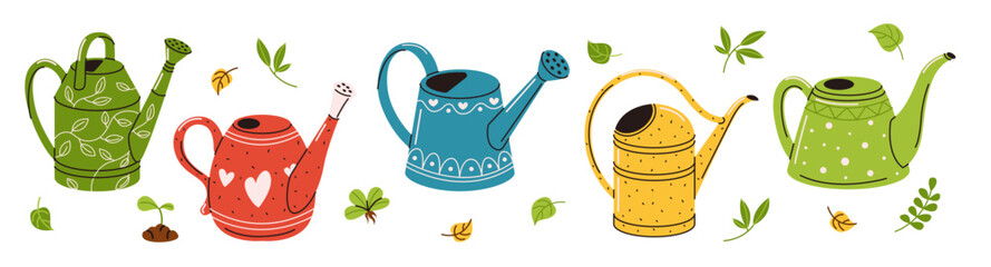 A set of colorful garden watering cans for indoor and garden plants. A collection of vector illustrations in a flat style, isolated on a white background