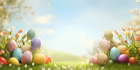 Easter card with an arch in the background and eggs on it, the inscription "Goodness to you & happy Easter", h quality bokeh background