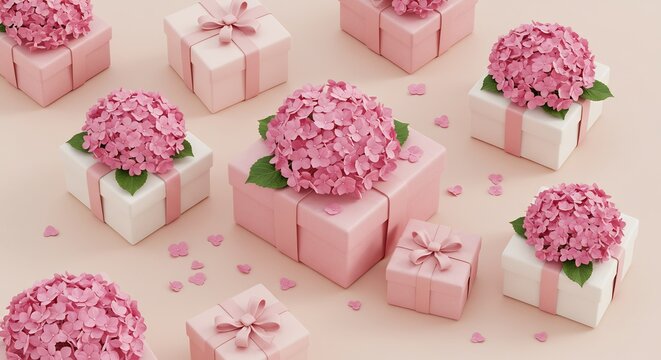 ピンクの花束とギフトボックス、優しいパステルカラーで華やか。上品な配置と柔らかな光が魅力的