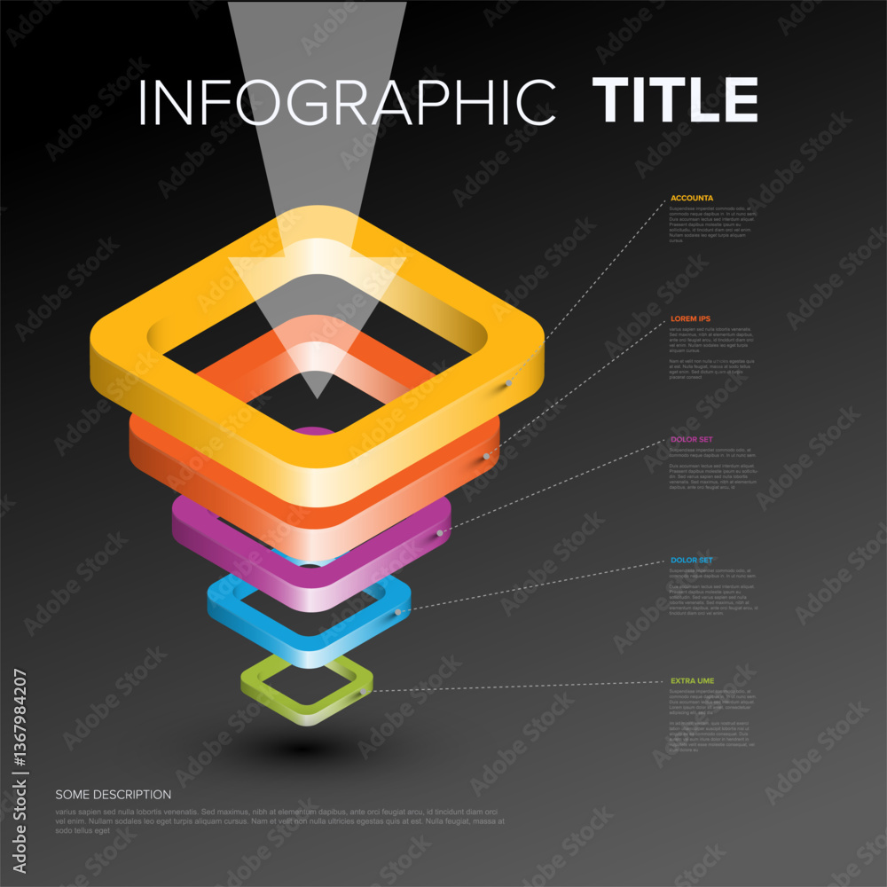 Poster this image features a 3d funnel infographic with layered colorful shapes and connected text boxes. i