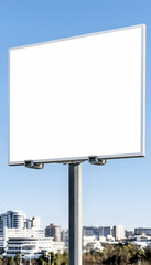 Fototapeta premium Blank billboard against a city backdrop under a clear blue sky