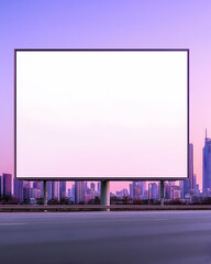 Blank billboard at dawn overlooking a city skyline