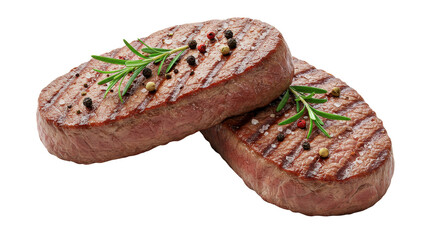 Isolated Two Grilled Steak with Pepper and Rosemary