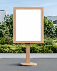 Blank wooden signboard on stand outdoors