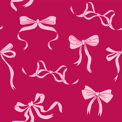 Seamless pattern with pink bows on a red background. Vector Illustration.