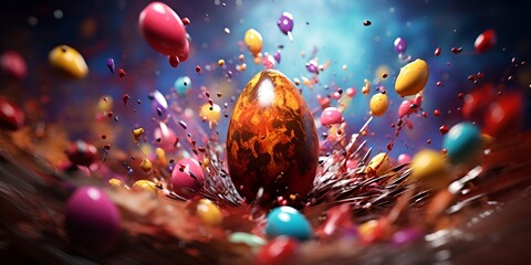 Easter egg exploding with chocolate and colorful eggs, D rendering, high-resolution photography, high quality. bokeh background