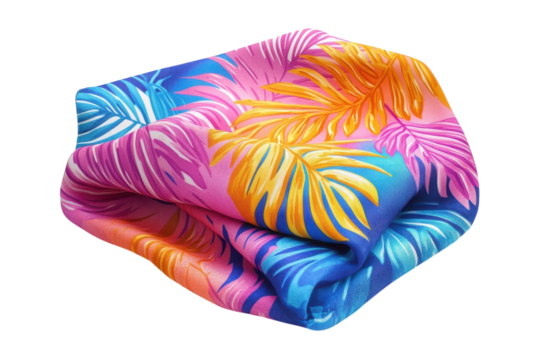 Vibrant tropical leaf print fabric draped luxuriously, showcasing bold pink, yellow, and blue hues in a textured, summery design.