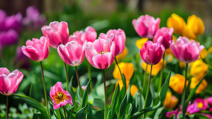 Obraz premium Vibrant tulips in pink and yellow blooming in a sunny garden