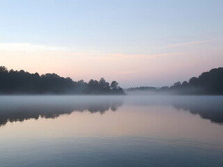 Serene Lake Landscape with Misty Morning Atmosphere and Reflective Waters