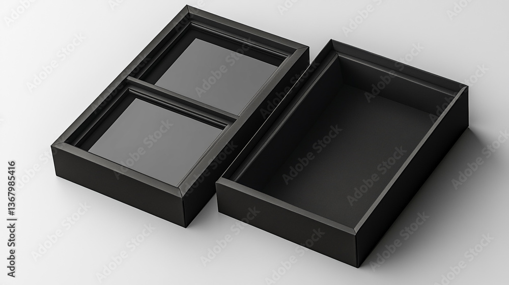Poster a minimalist black box with two compartments and a separate lid on a white surface in studio light
