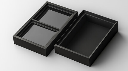 A minimalist black box with two compartments and a separate lid on a white surface in studio light