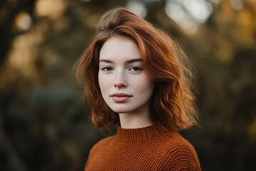 Naklejka premium Close-up portrait of a young woman with red hair and freckles, wearing a brown sweater against a blurred natural background It showcases natural beauty and simple elegance