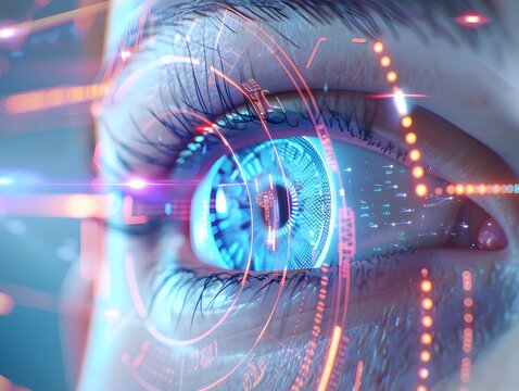 Closeup of a futuristic cybernetic human eye with a detailed glowing blue neon retina scan showcasing a high tech biometric concept for the future of digital identification security