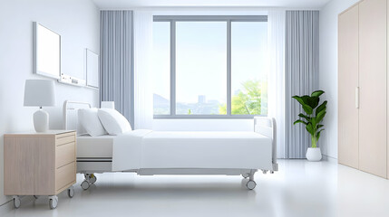 Fototapeta premium Bright, minimalist hospital room with bed, window, and plants
