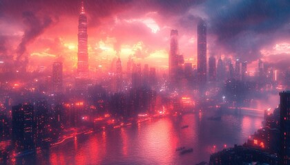 Fototapeta premium A Vibrant Metropolis Illuminated Underneath a Dramatic Crimson Sky