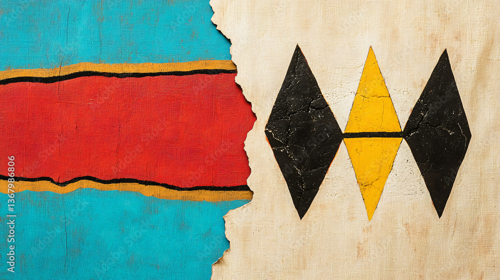 Poster a bold composition of broken lines and geometric shapes representing a flag in red, yellow, and blue