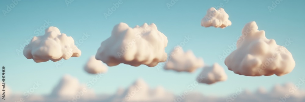 Poster fluffy white clouds float on a soft sky.