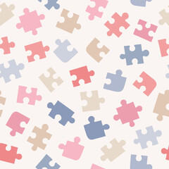 Naklejka premium Pattern with different shapes puzzles. Cute seamless vector texture with disassembled puzzle for textile or wrapping paper. Vector design elements. Children hobby 