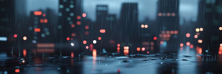 City skyline reflects in wet rainy pavement.
