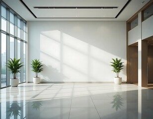 Obraz premium Bright Modern Lobby Interior with Potted Plants and Reflective Tile Floor