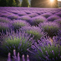 Lavender field in full bloom at sunrise, with rows of vibrant purple flowers leading to the horizon. Sunlight gently illuminates the scene, creating a peaceful atmosphere.