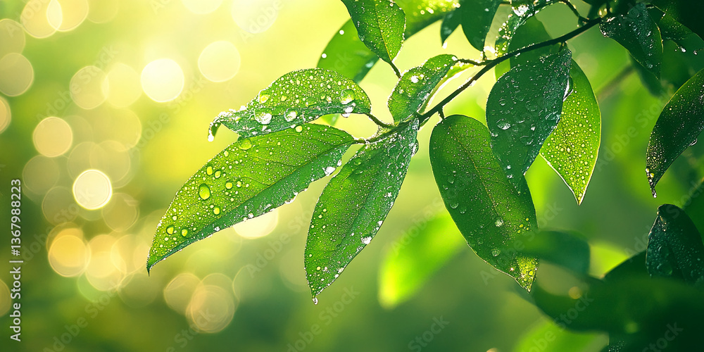 Poster close-up of green leaves covered in dew drops, backlit by sunlight creating a bokeh effect, showcasi