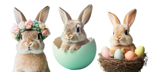 set of easter bunny portraits. Cute bunny portrait wearing easter bonnet hat