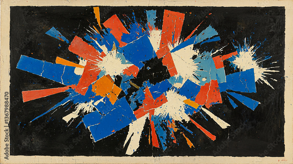 Poster a vibrant painting showcasing an array of multiple colors in bold strokes and geometric patterns tha