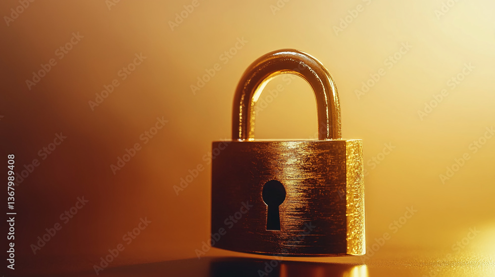 Poster gold padlock on golden background, showcasing security and protection concept. simple, strong image 
