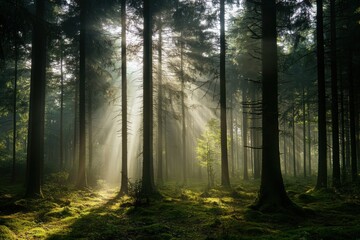 Fototapeta premium Magical forest with sun rays streaming through tall trees