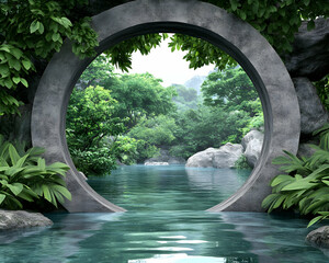 Circular stone frame reveals tranquil jungle scene with calm water
