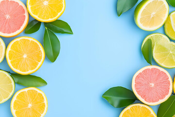Citrus fruit slices and leaves frame on blue