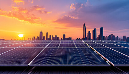 City skyline at sunset with solar panels on rooftop