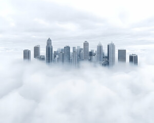 Cityscape emerging from clouds, aerial view