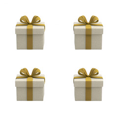 A collection of four beautifully wrapped gift boxes with gold ribbons, perfect for celebrations and special occasions, displayed on a blank background for easy focus.