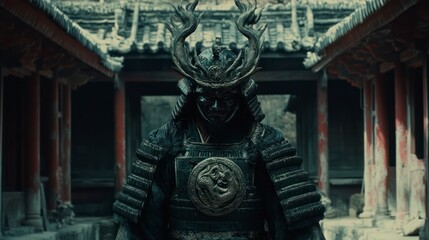 Samurai warrior stands in ancient temple courtyard